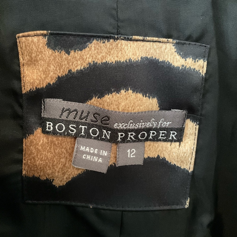 Muse Boston Proper Black Tan Animal Tiger Print Moto Jacket Women Size 12 - Picture 4 of 8